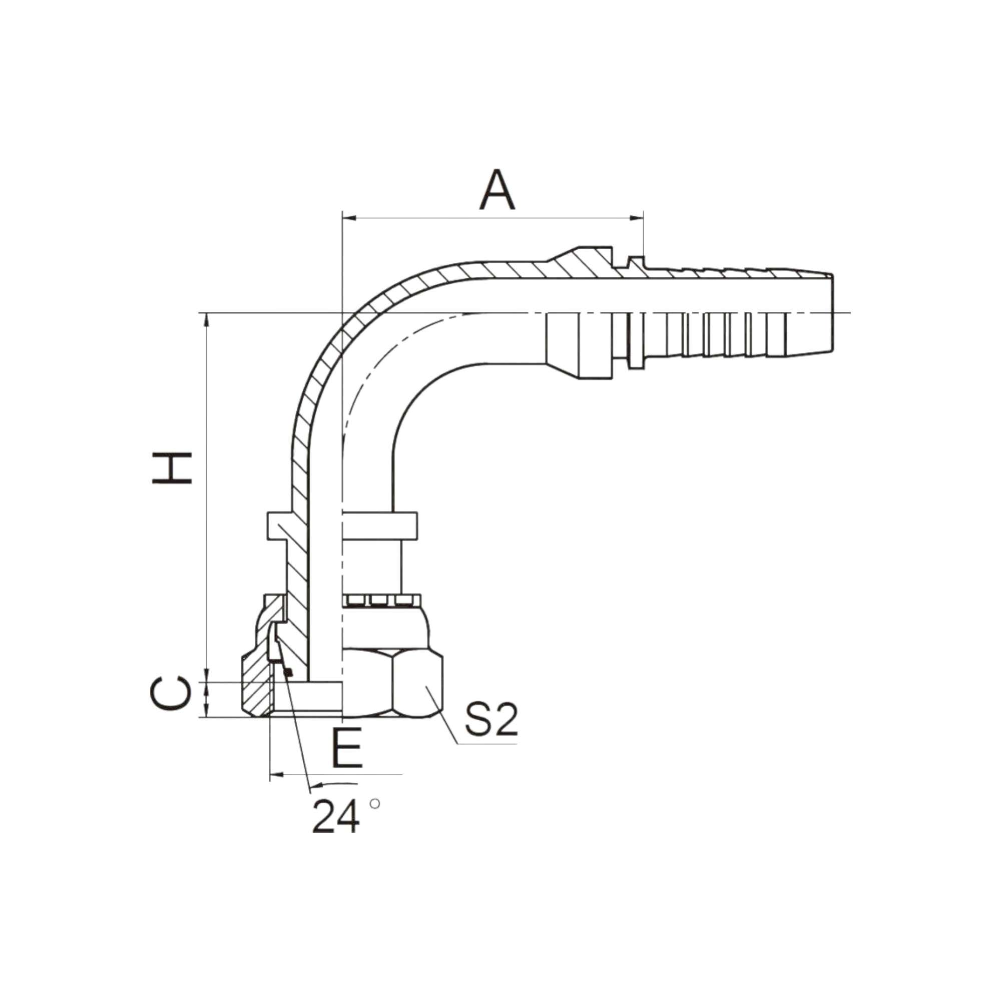 90°公制内螺纹24°锥带O形圈轻系列 20491-XX-XX